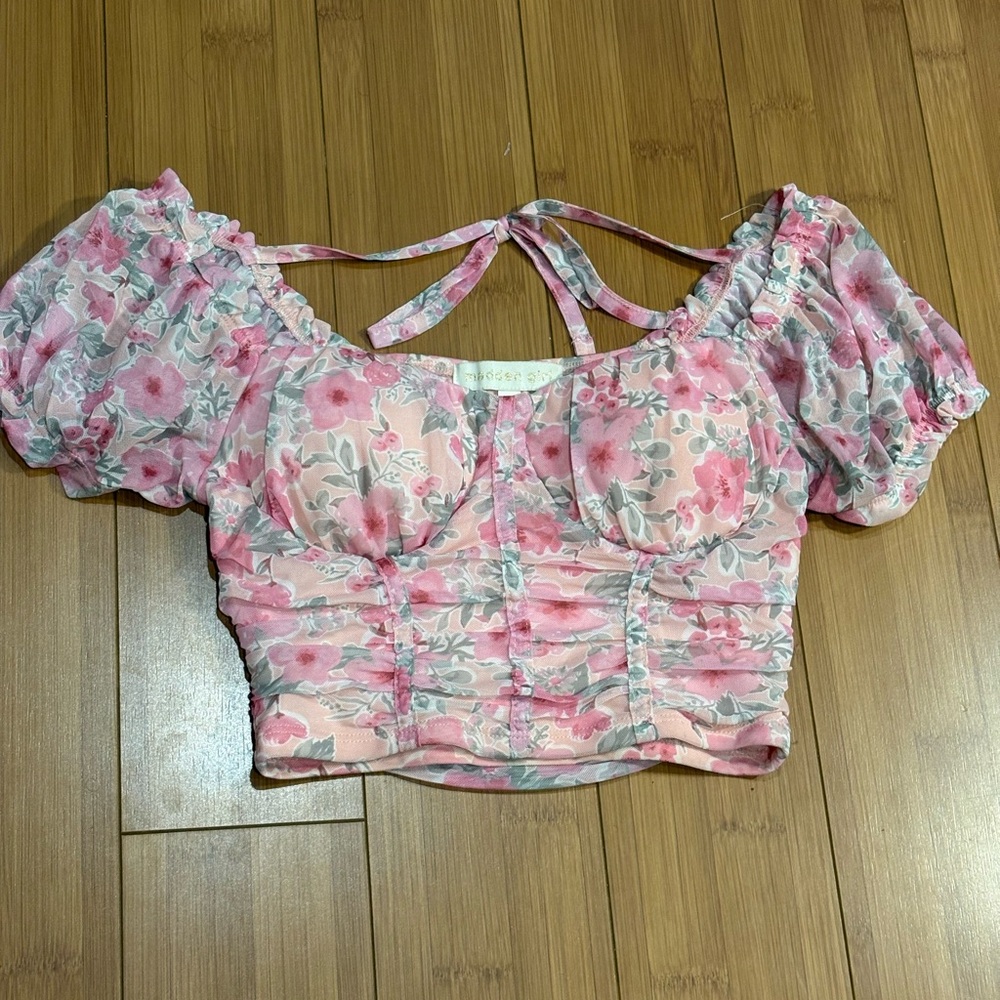 Madden Girl Pink Floral Ruched Puff Sleeve Crop Top Women’s Size S Mesh Tie Back